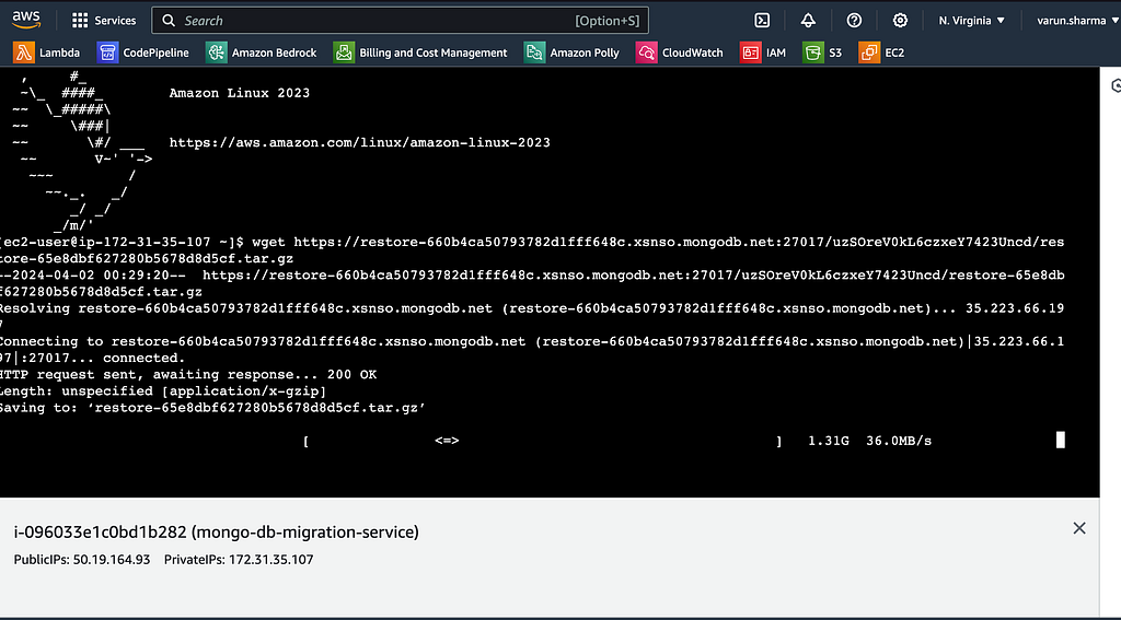 Architecture diagram showing a MongoDB snapshot migrating through EC2 to S3 Glacier