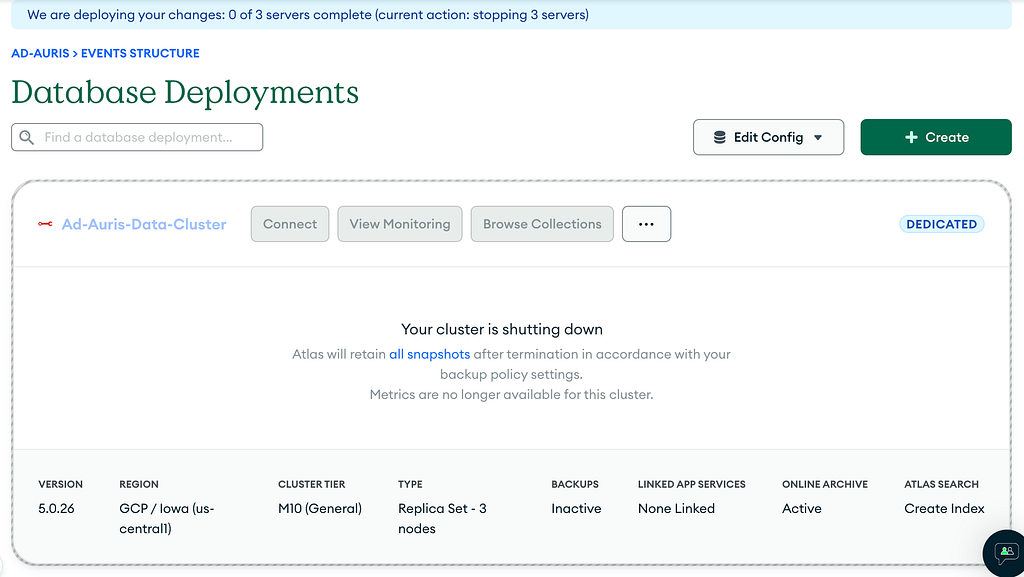 MongoDB Atlas screen confirming that the legacy cluster was shut down
