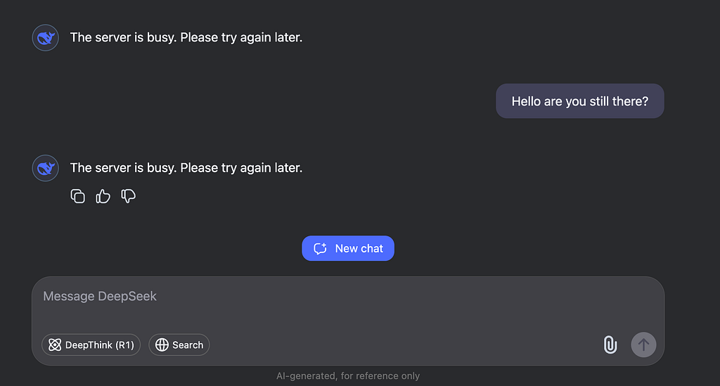 DeepSeek Chat status page showing a service outage